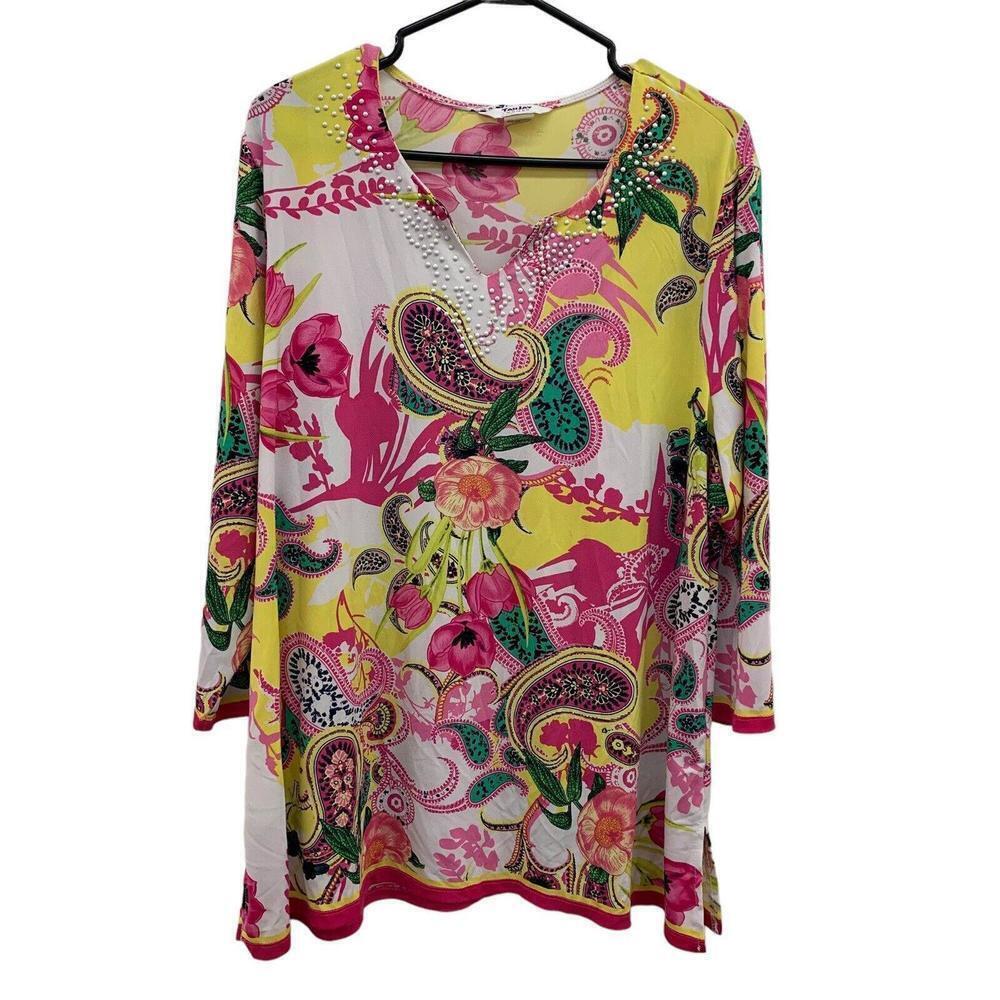 Tan Jay Womens Yellow Floral Print Long Sleeve Beaded V Neck Tunic Top Size 1X‌‌